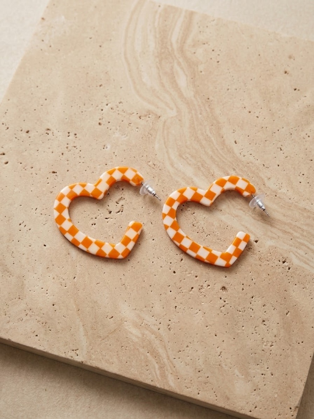 Orange & White Checkerboard Heart Hoop Earrings